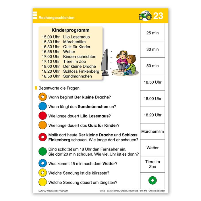 Sachrechnen, Größen,  Raum und Form 1/2 | LOGICO-Übungsbox PICCOLO Lesen | Beispielkarte 23