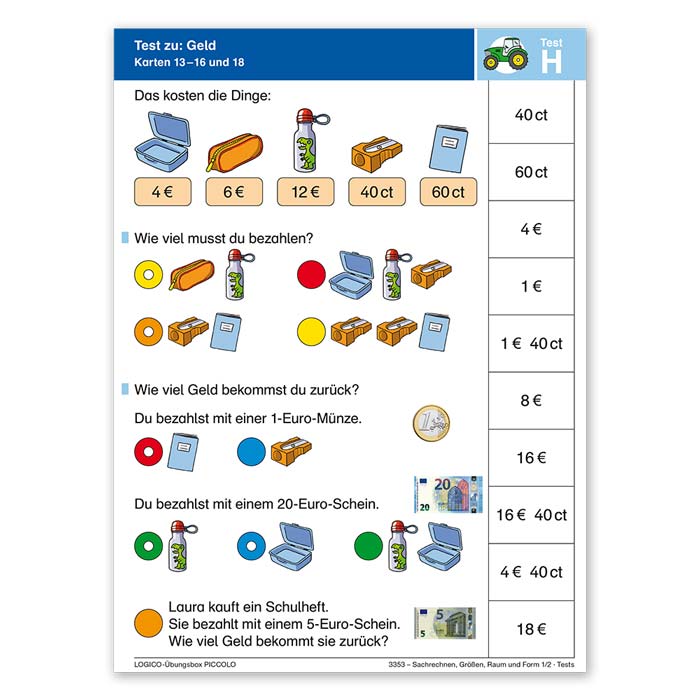 Sachrechnen, Größen,  Raum und Form 1/2 | LOGICO-Übungsbox PICCOLO | Testkarte