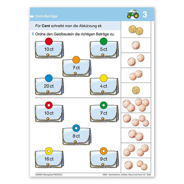 Sachrechnen, Größen,  Raum und Form 1/2 | LOGICO-Übungsbox PICCOLO | Beispielkarte 3